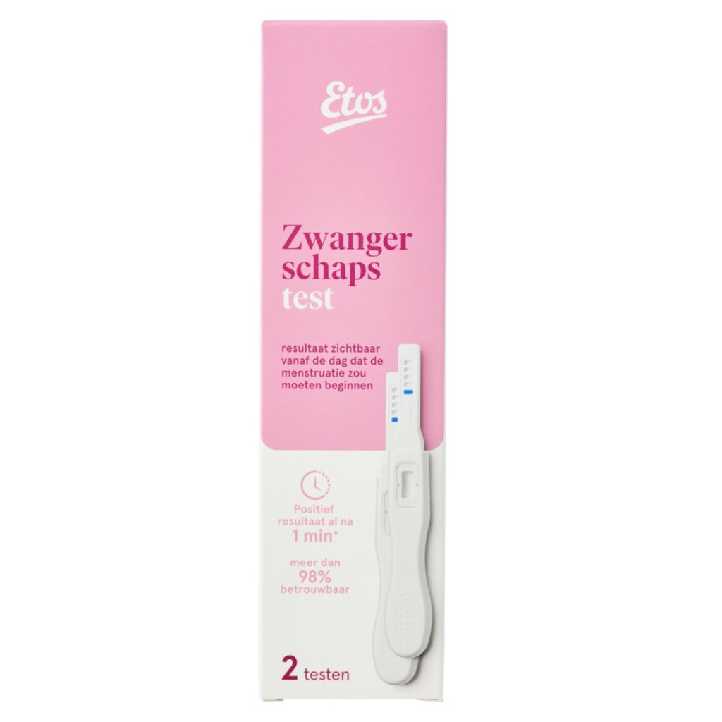 Plain product pack shot of an Etos pregnancy test on a white background